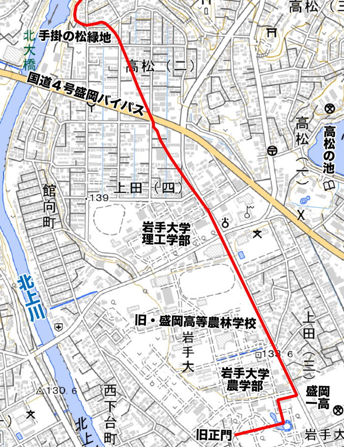 盛岡高等農林学校への地図